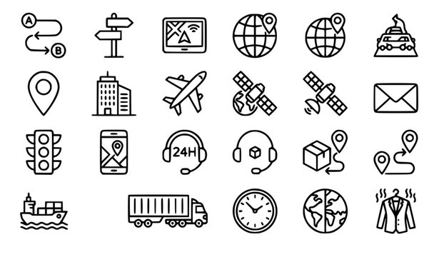 Editable Thin Line Navigation Logistics and Business Icon Set Vector Collection