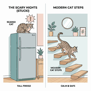 Comparison illustration of a scared cat on a fridge versus a calm cat using modern wall steps.