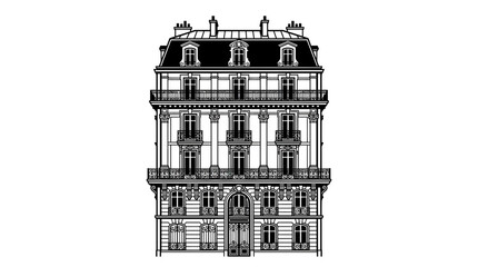 Haussmannian Building Facade, Parisian Architecture Illustration, Black and White Vector Art © tempe