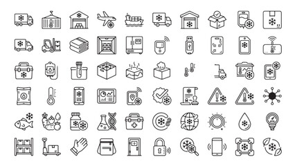 Fototapeta premium Cold chain logistics and temperature controlled shipping line icon set