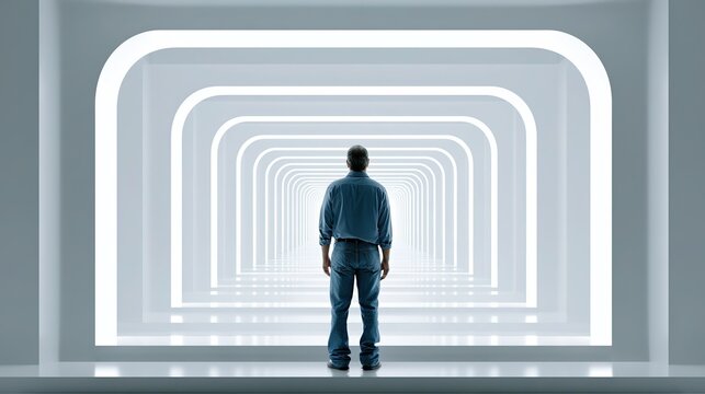 Full rear shot of lone male in casual blue shirt denim jeans standing in vast reflective white corridor with repeating glowing square archways, wide flat distant steps, bright cool white lighting