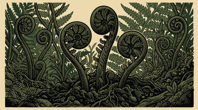 Botanical ornamental foliage vector pattern with vintage swirls and circles.