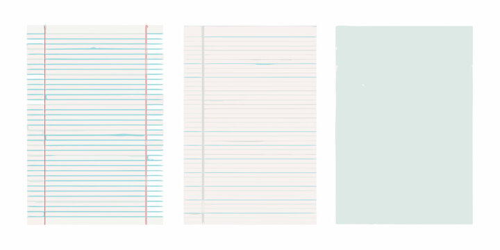 three vertical sheets of classic school notebook on white background lined paper sheet writing pad stationery