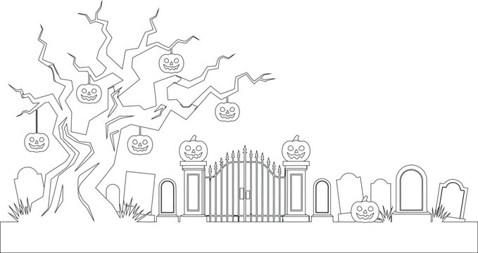 Spooky graveyard scene with a bare gnarled tree and pumpkin lanterns