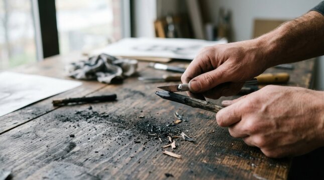 Artist sharpening a charcoal stick with a craft knife in a studio