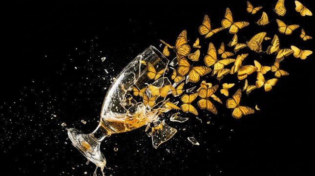 Broken wine glass shattering into yellow monarch butterflies on black