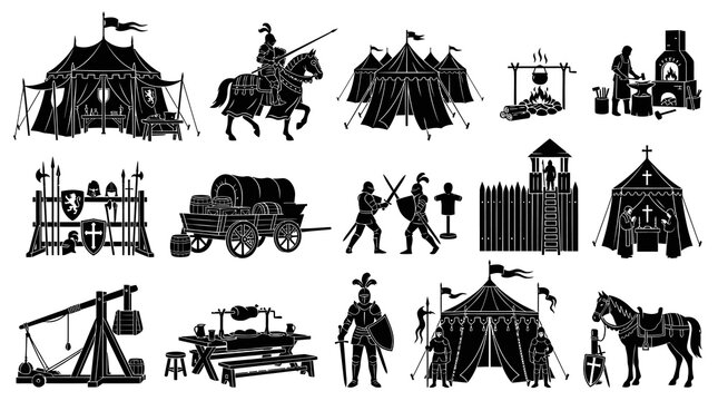 Medieval History Black  White Glyph Icons Set - Knights, Forts, Warfare  Camp Elements Silhouette Collection