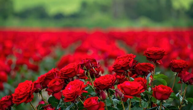 Vast Field of Vibrant Red Roses in Full Bloom Under Soft Natural Light.