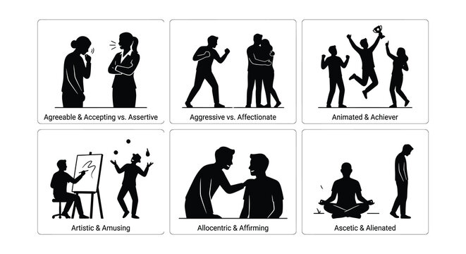 Six Black Silhouette Illustrations Depicting Human Interactions And Personalities