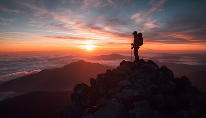 Obraz premium Silhouette of a Hiker Standing on a Mountain Peak during a Breathtaking Sunrise Over a Sea of Clouds