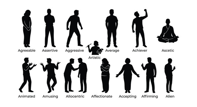 Six Black Silhouette Illustrations Depicting Human Interactions And Personalities