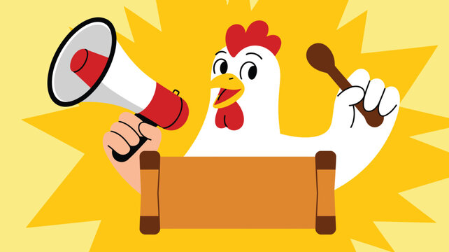Cartoon chicken loudly announces a message holding a megaphone and a scroll