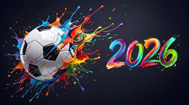 A dynamic soccer ball exploding with vibrant, multicolored paint splashes next to the year 2026, perfect for sports event themes and creative promotional graphics.