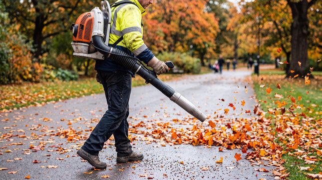 Street cleaner in high-visibility jacket using a professional petrol leaf blower to clear colorful fallen foliage from a wet asphalt path in an autumn public park.
