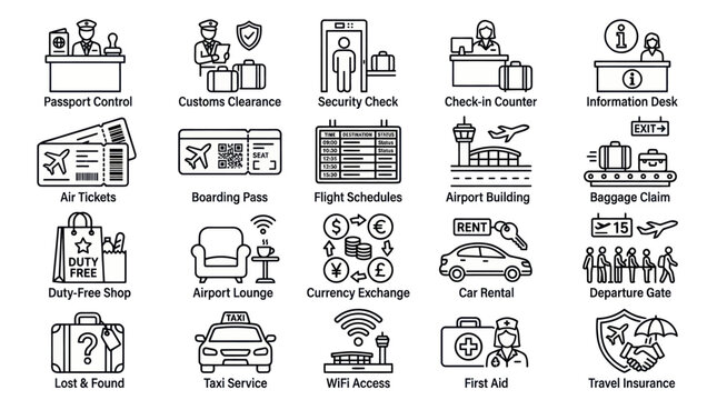 Black outline airport and travel service icons.