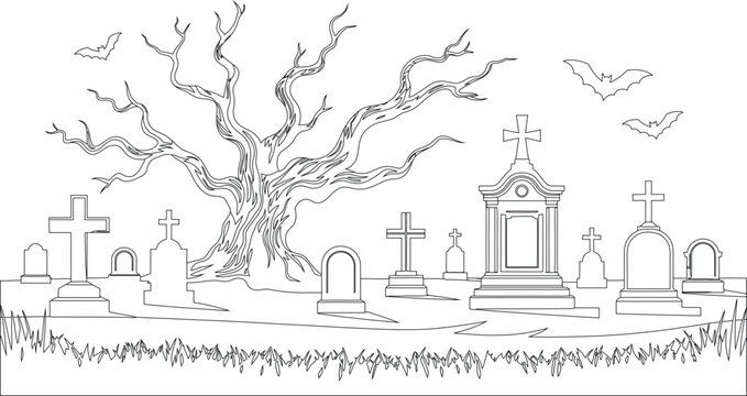 Spooky graveyard scene with old tombstones, crosses, a gnarled tree, and flying bats