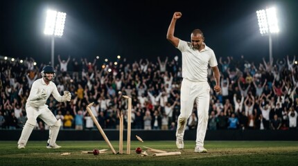 Naklejka premium A fast bowler in white test cricket kit celebrates beside three broken stumps and a red cricket ball on the grass, while a wicketkeeper crouches nearby and spectators erupt in the stands under evening