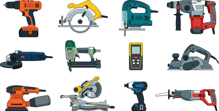 Power tools vector set with workshop equipment including electric drill circular saw jigsaw rotary hammer grinder sander miter saw isolated illustration