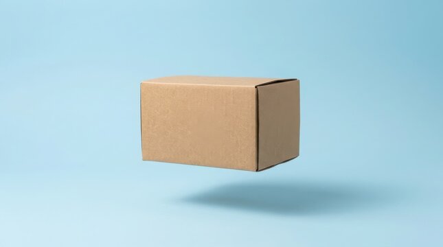Cardboard container hangs in the air above a soft drop shadow.
