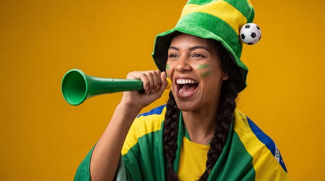A cheerful young woman in Brazil team colors and a soccer hat blowing a stadium horn to celebrate a football match on a yellow background.