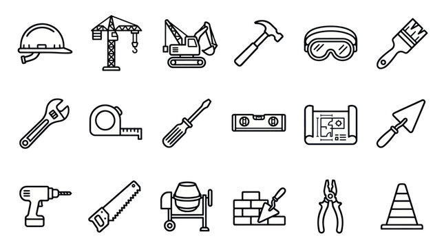 Building tools and construction site equipment icon set.