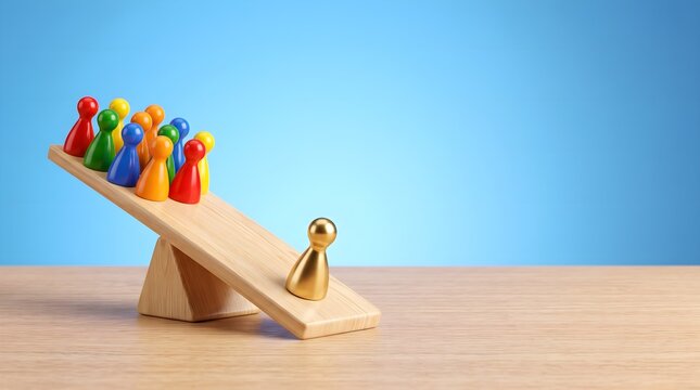 Colorful game pieces on wooden seesaw showing imbalance leadership and business competition concept
