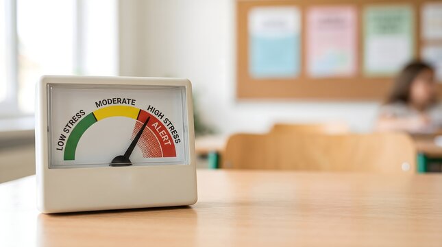 Analog stress level meter pointing to high stress alert in classroom or workplace setting