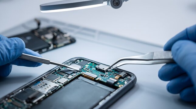 Gloved technician repairing smartphone charging port and circuit board with precision tools