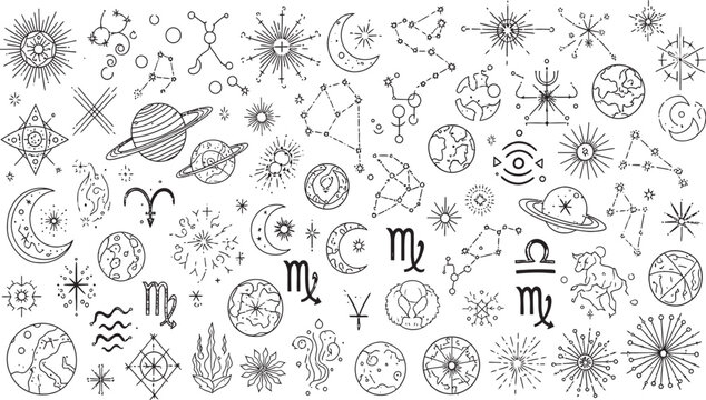 Celestial pattern hand drawn astrology planets stars and zodiac symbols for mystical designs