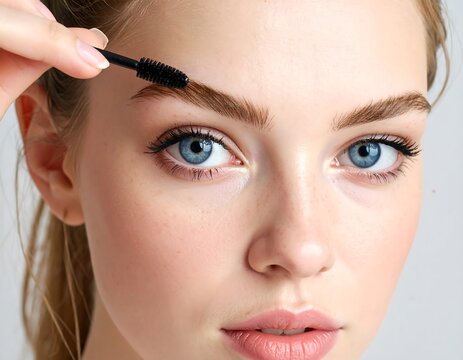 Close-up of a fair-skinned woman with striking blue eyes, meticulously grooming her eyebrow with a mascara wand