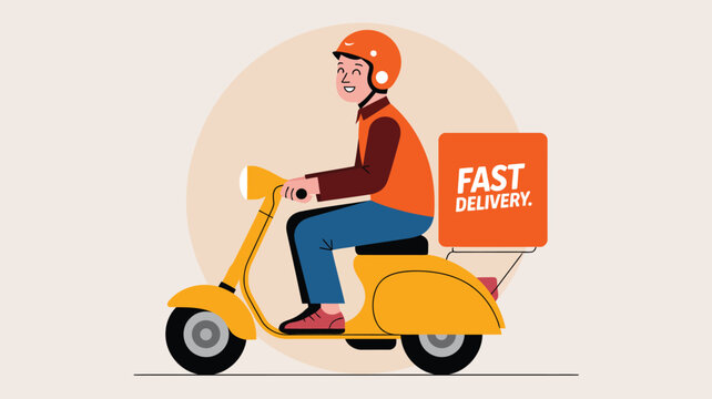 Cheerful delivery person riding a yellow scooter with a fast delivery box