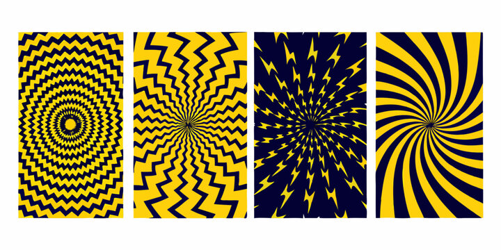 four vertical panels featuring optical illusion patterns pattern panel yellow blue geometric design abstract art hypnotic