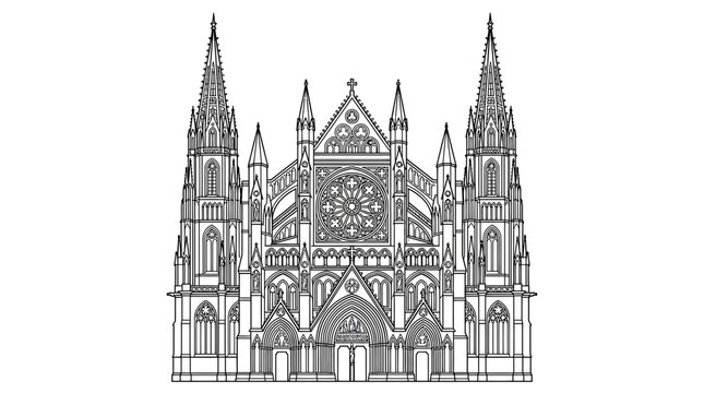 Gothic Cathedral Facade Drawing - Ornate Architecture Line Art Illustration