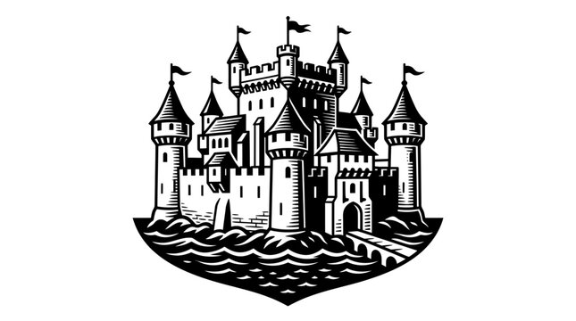 Medieval Castle Emblem with Flags and Bridge, Crest Illustration