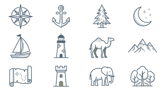 Adventure and travel line icons with ink strokes and stippling