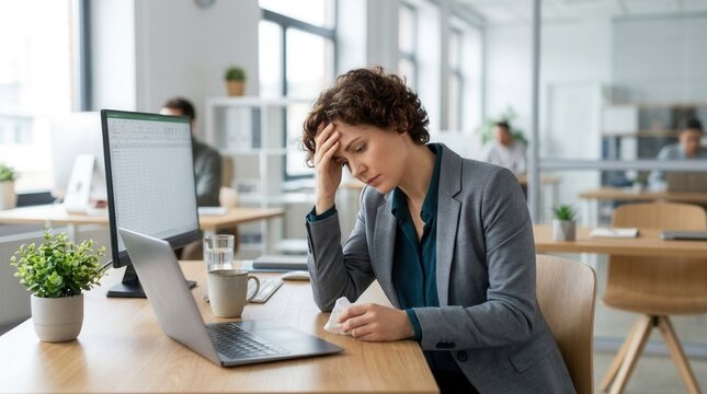 Overwhelmed Woman At Desk Shows Signs Of Stress And Fatigue