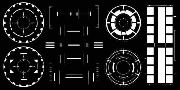 futuristic circular and linear elements on black background design white shapes geometric patterns technology theme interface