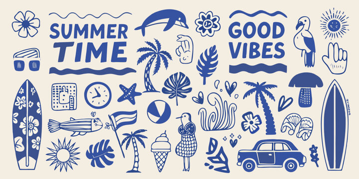 summer time retro hand drawn vector illustration surfboard palm tree ice cream car fish parrot sun