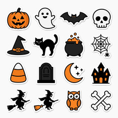 Obraz premium A vibrant set of flat vector graphic stickers featuring classic Halloween icons like pumpkins, ghosts, bats, skulls, and spooky witches