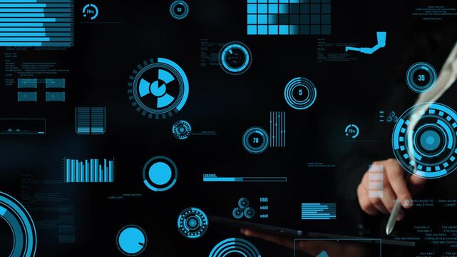 This abstract digital interface showcases graphs and charts in blue against a black background, representing modern data analysis and technology concepts for creative inspiration. Xenic