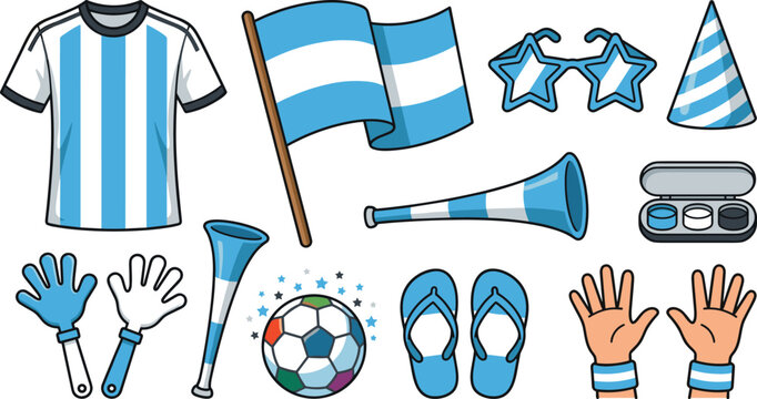 Collection of Argentina soccer fan attributes and festival celebration elements vector illustrations including flag jersey ball vuvuzela horns sunglasses and face paint isolated on white background