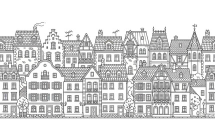 Obraz premium Charming European Old Town Street, Hand Drawn Buildings Seamless Pattern
