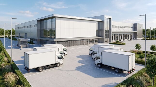 Modern Logistics Distribution Center with White Cargo Trucks Fleet Parked Outside