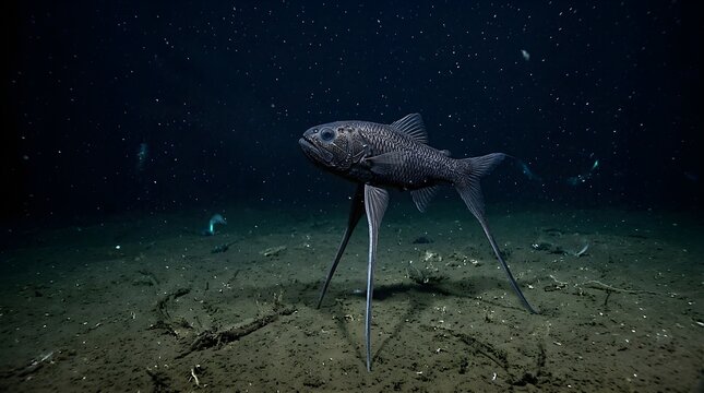 Deep sea tripod fish standing on the dark ocean floor