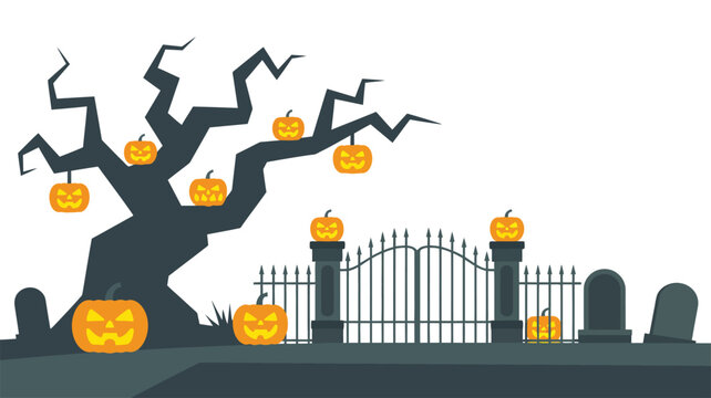 Spooky Halloween scene with an old dead tree, pumpkins, and a graveyard gate