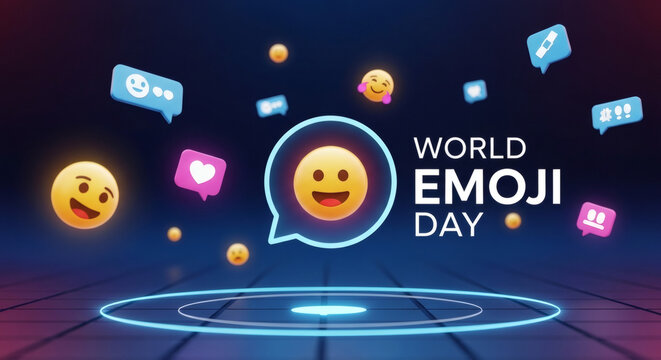 World Emoji Day Neon Banner with Floating Emoticons on Digital Social Media Background