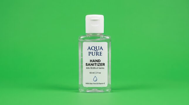 Small Portable Hand Sanitizer Bottle Mockup with Aqua Pure Label Isolated on Green Background