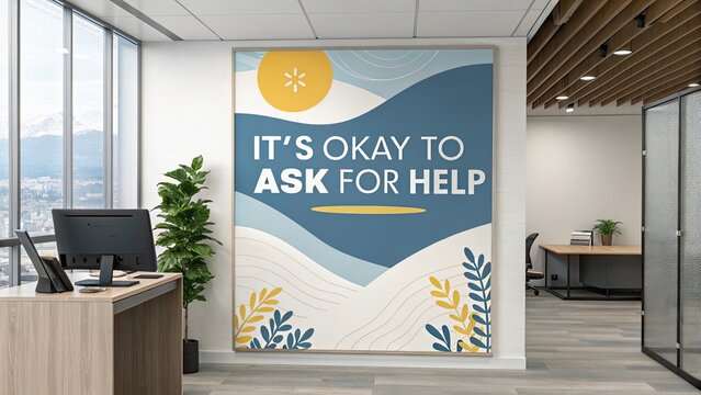 Office interior with motivational poster and desk computer