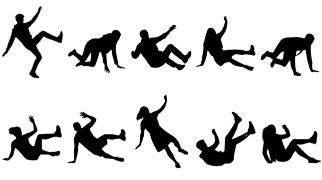 Black silhouette people playing and jumping in sequence isolated on transparent background, Vector