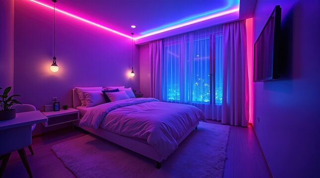 Modern luxury bedroom interior with vibrant neon purple and pink lighting